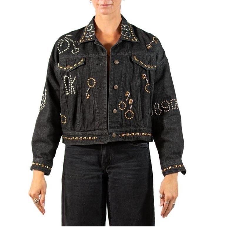 Women's 1980S DKNY Black Cotton Denim Studded 1988 Jacket For Sale