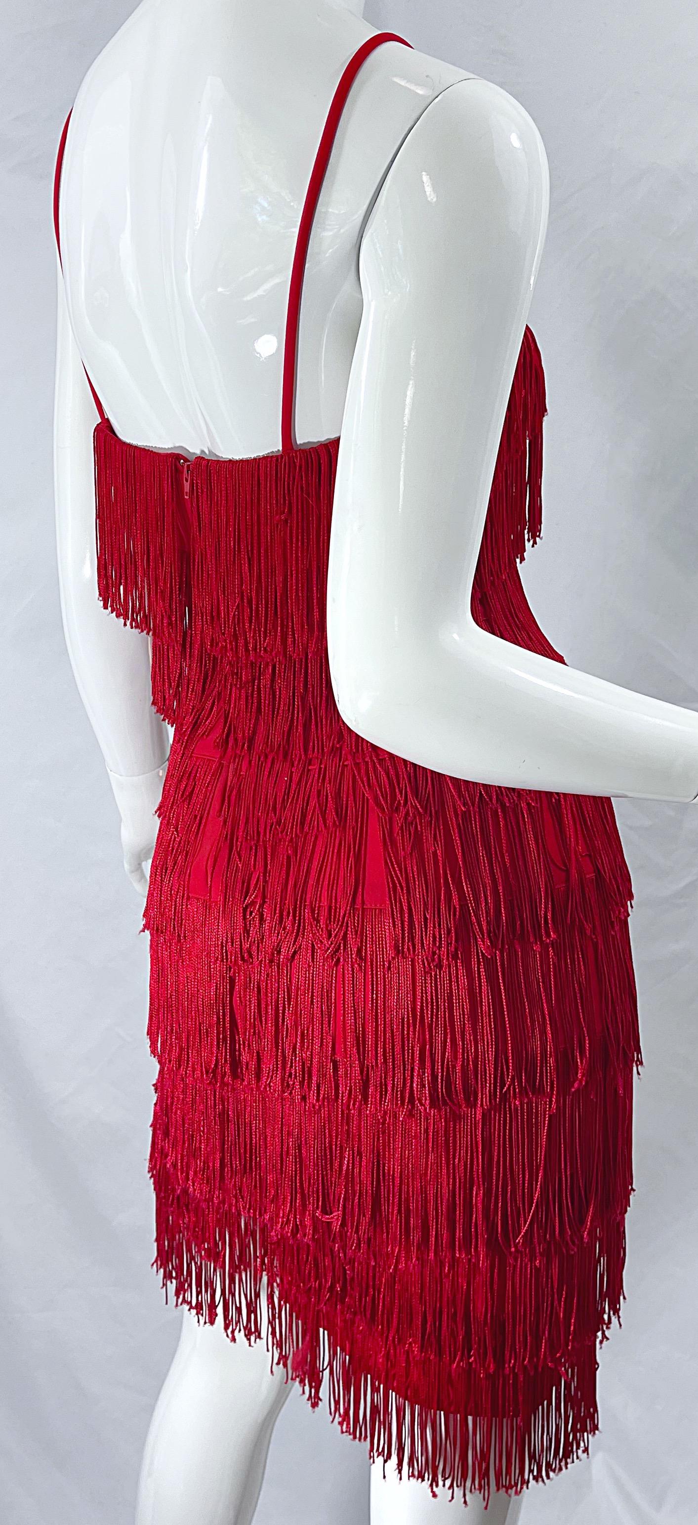 1920er Vintage 80er Jahre lippenstiftrotes Minikleid mit Fransen Größe 6 aus Jersey 5
