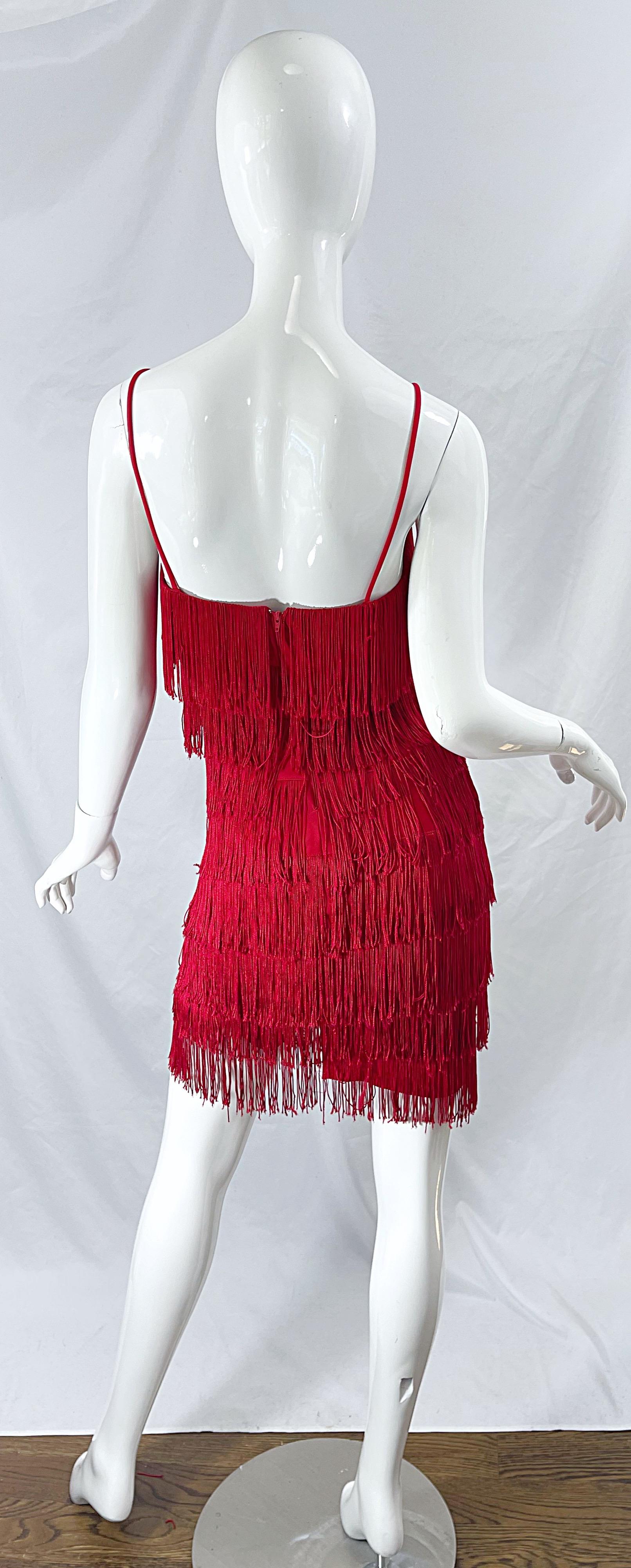1920er Vintage 80er Jahre lippenstiftrotes Minikleid mit Fransen Größe 6 aus Jersey 7