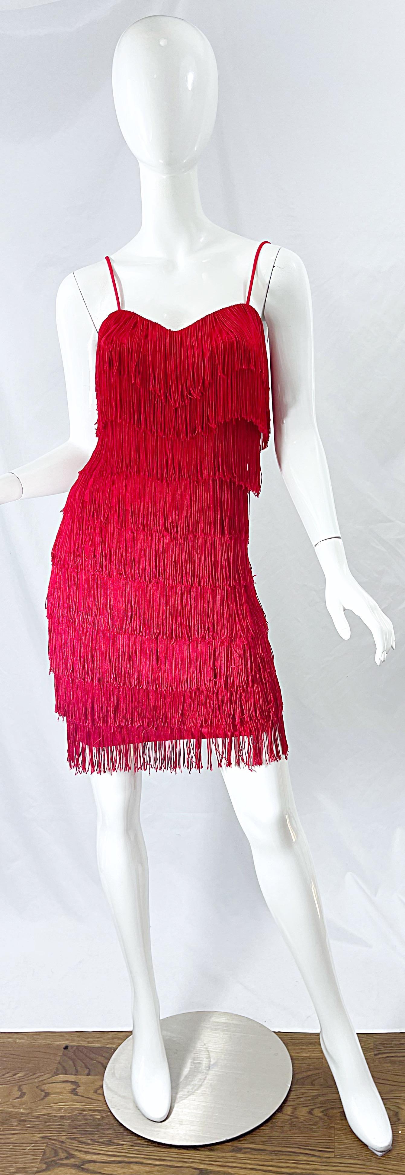 1920er Vintage 80er Jahre lippenstiftrotes Minikleid mit Fransen Größe 6 aus Jersey 8