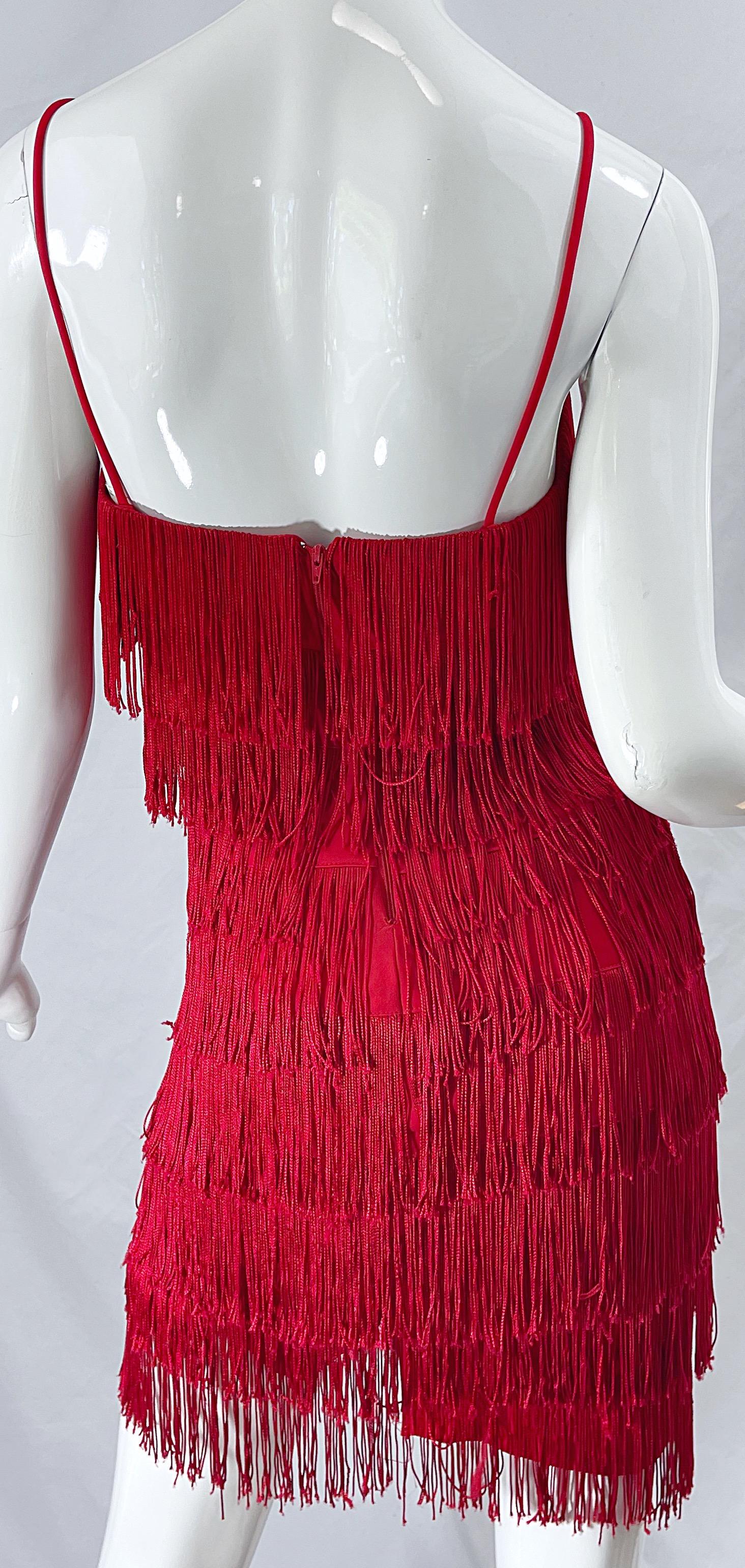 1920er Vintage 80er Jahre lippenstiftrotes Minikleid mit Fransen Größe 6 aus Jersey 2
