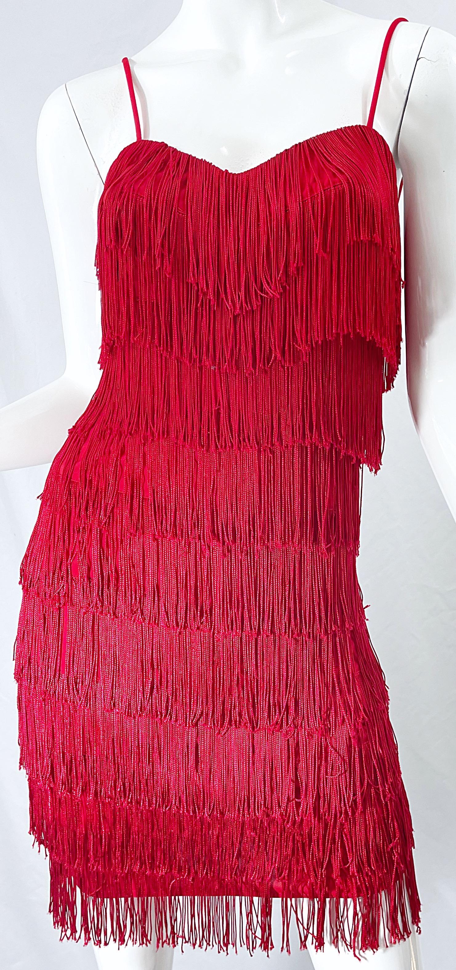 1920er Vintage 80er Jahre lippenstiftrotes Minikleid mit Fransen Größe 6 aus Jersey 3