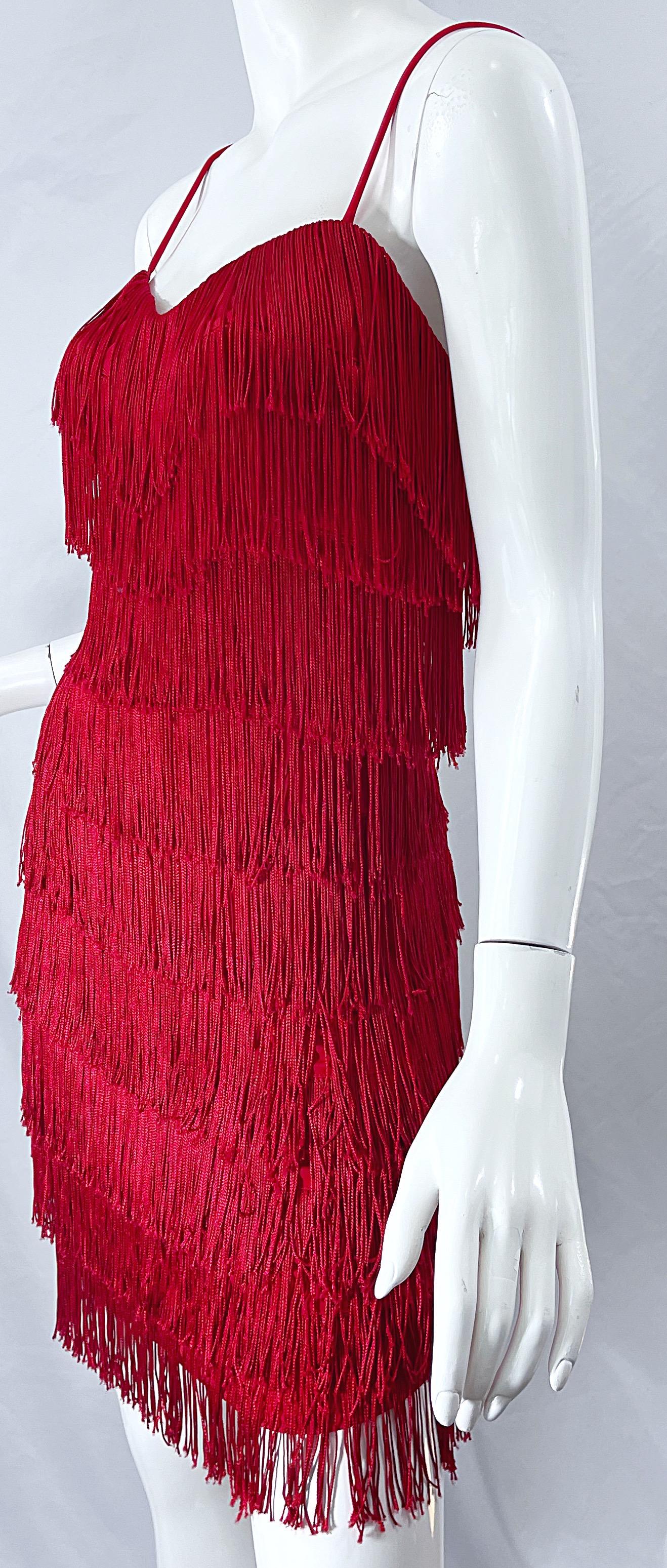 1920er Vintage 80er Jahre lippenstiftrotes Minikleid mit Fransen Größe 6 aus Jersey 4
