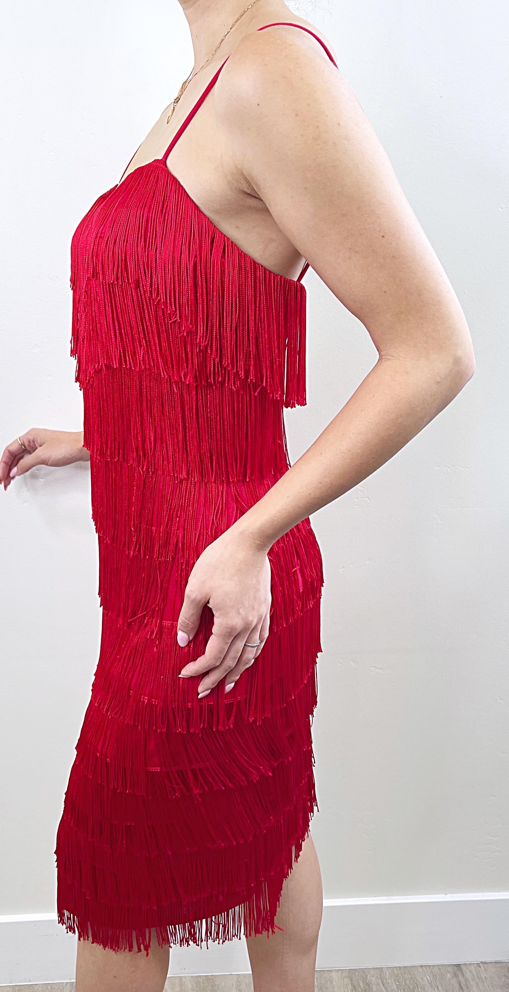 Women's 1980s Does 1920s Lipstick Red Flapper Style Fully Fringed Vintage 80s 20s Dress For Sale