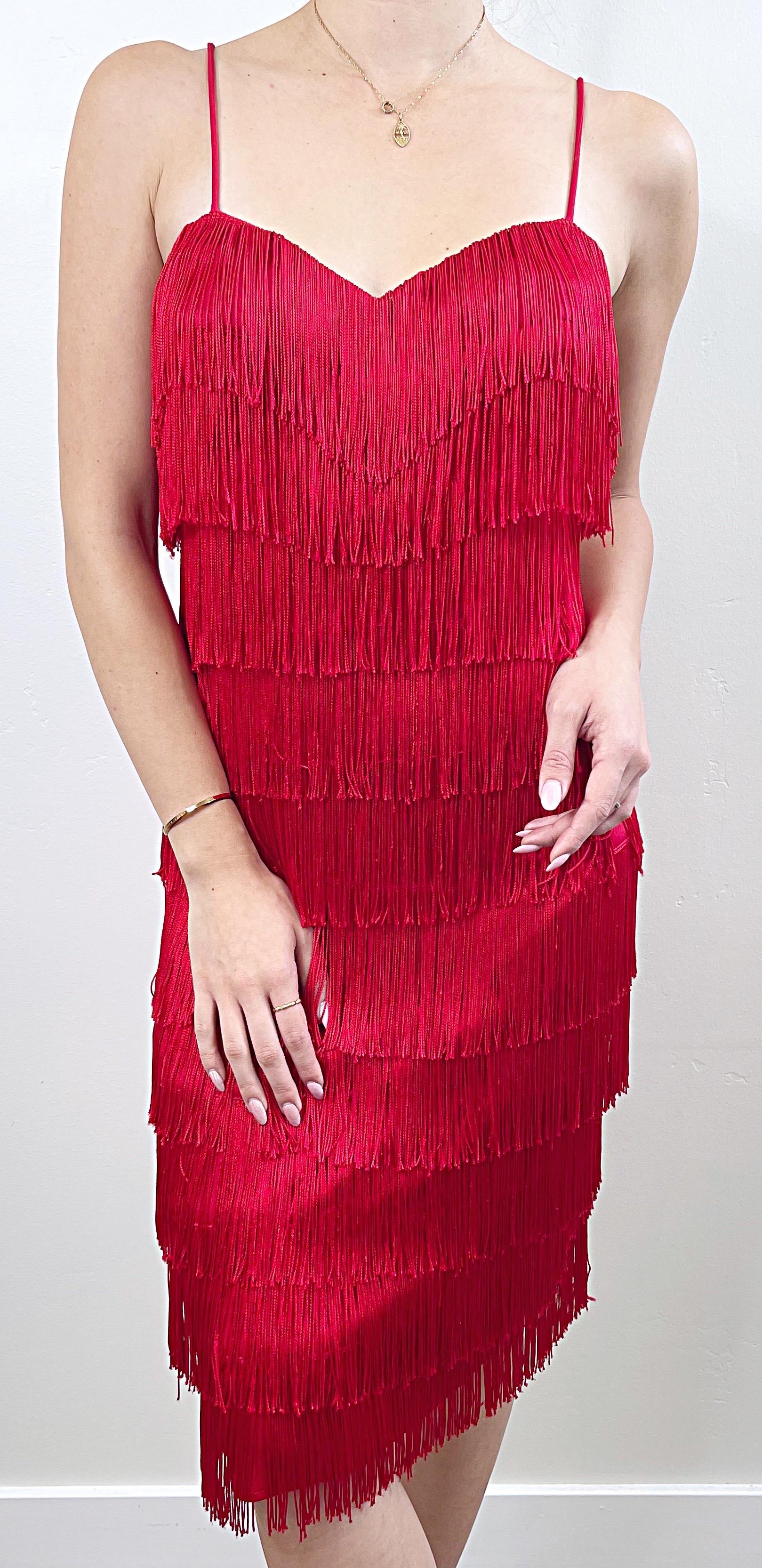 1980s Does 1920s Lipstick Red Flapper Style Fully Fringed Vintage 80s 20s Dress For Sale 1