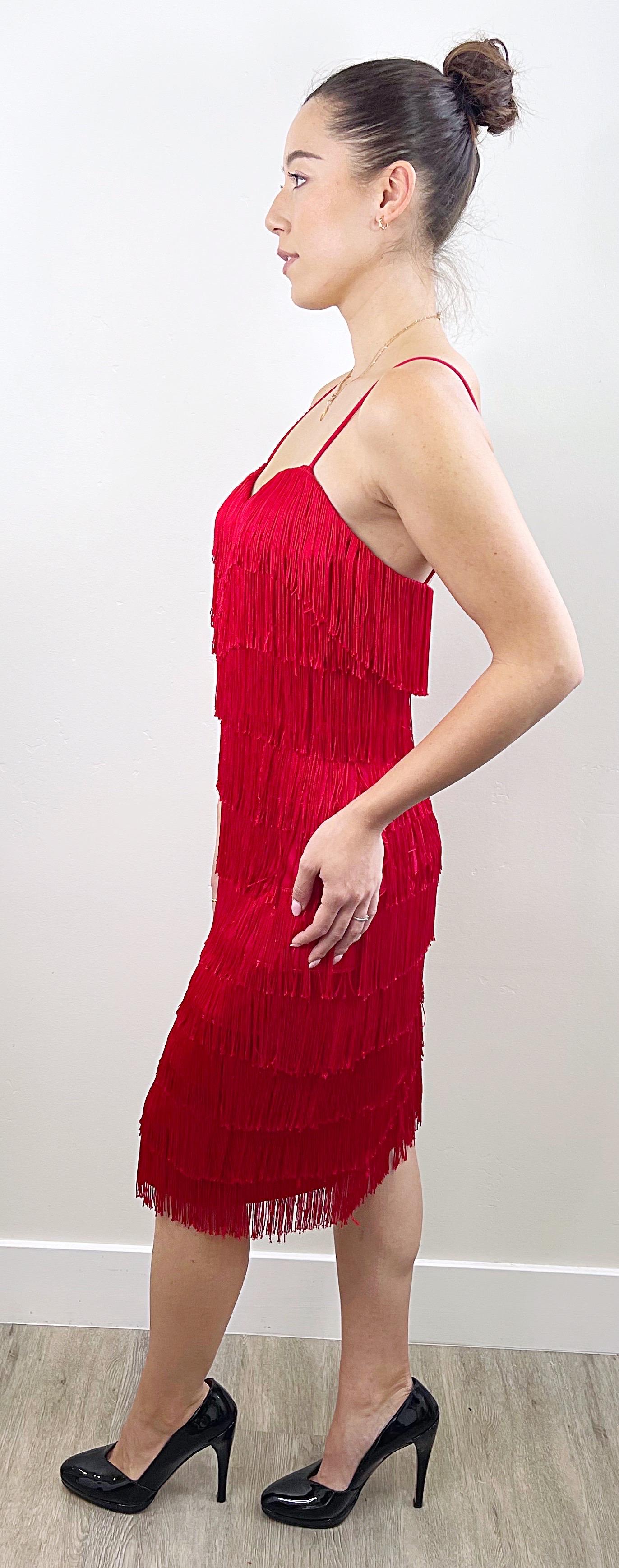 1980s Does 1920s Lipstick Red Flapper Style Fully Fringed Vintage 80s 20s Dress For Sale 3