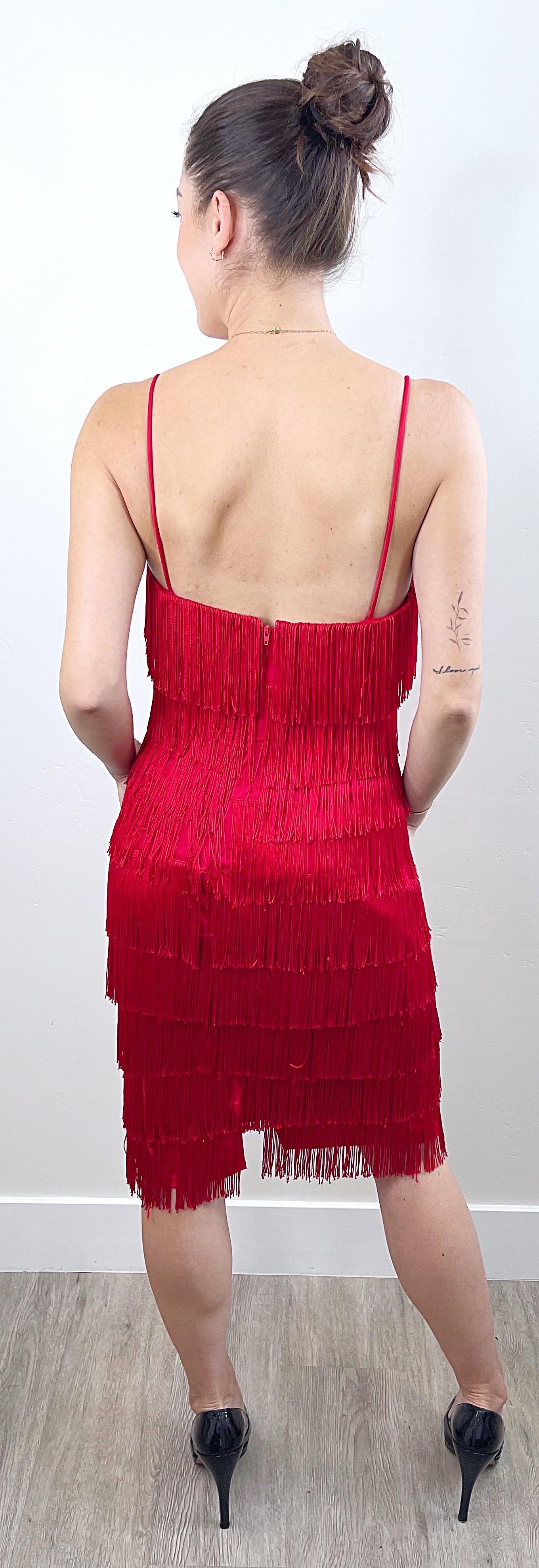 1980s Does 1920s Lipstick Red Flapper Style Fully Fringed Vintage 80s 20s Dress For Sale 4
