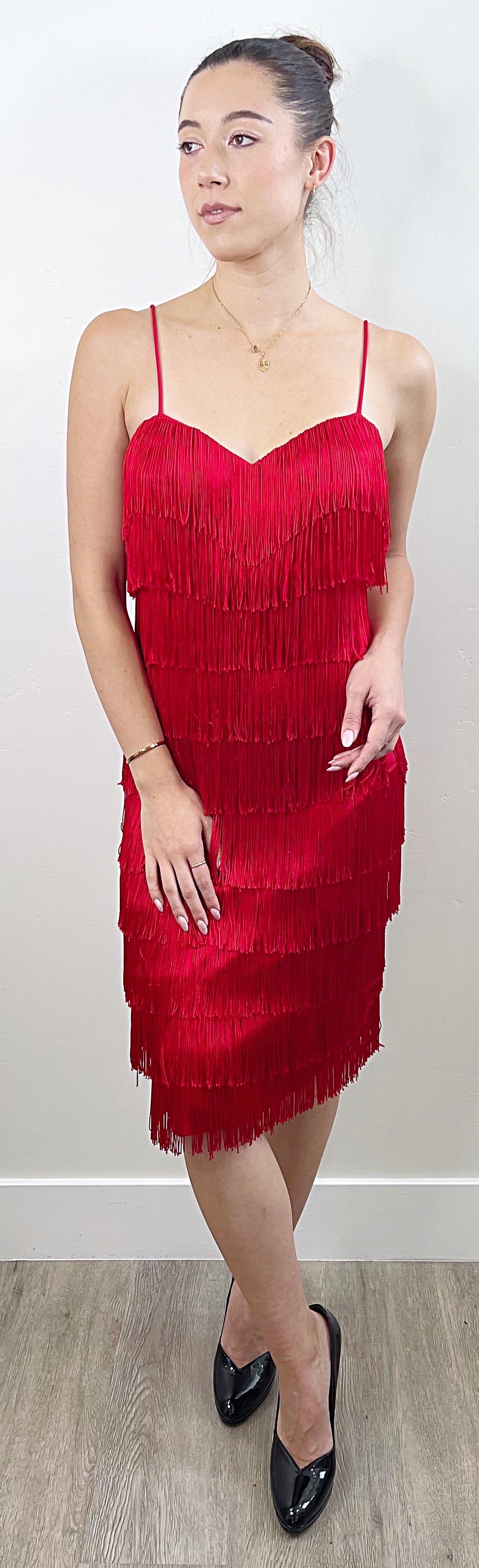 1980s Does 1920s Lipstick Red Flapper Style Fully Fringed Vintage 80s 20s Dress For Sale 5