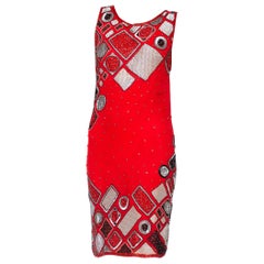 Retro 1980's Does 1920's Red Silk Chiffon Beaded & Sequined Dress
