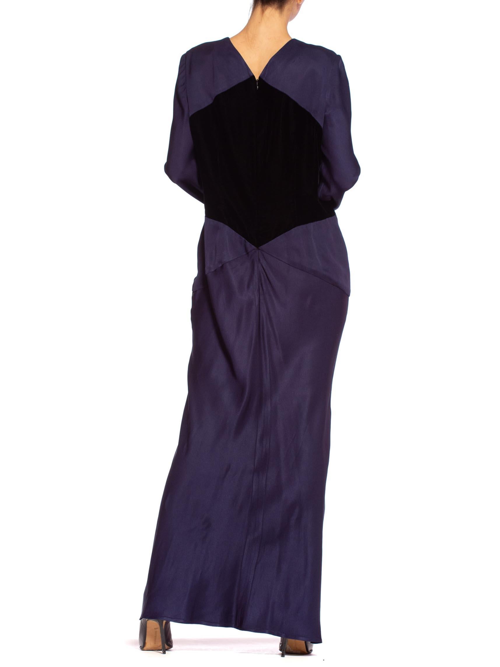 1980'S BILL BLASS Navy Blue Haute Couture Silk Crepe Back Satin Sleeved Gown Wi 5