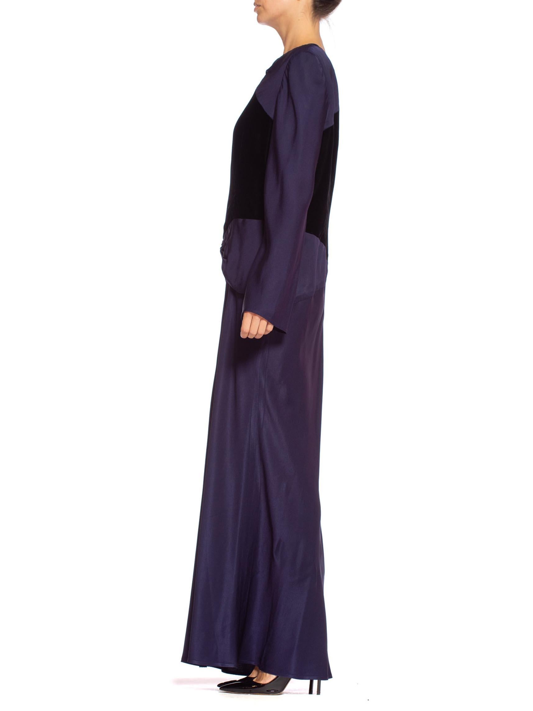 Black 1980'S BILL BLASS Navy Blue Haute Couture Silk Crepe Back Satin Sleeved Gown Wi
