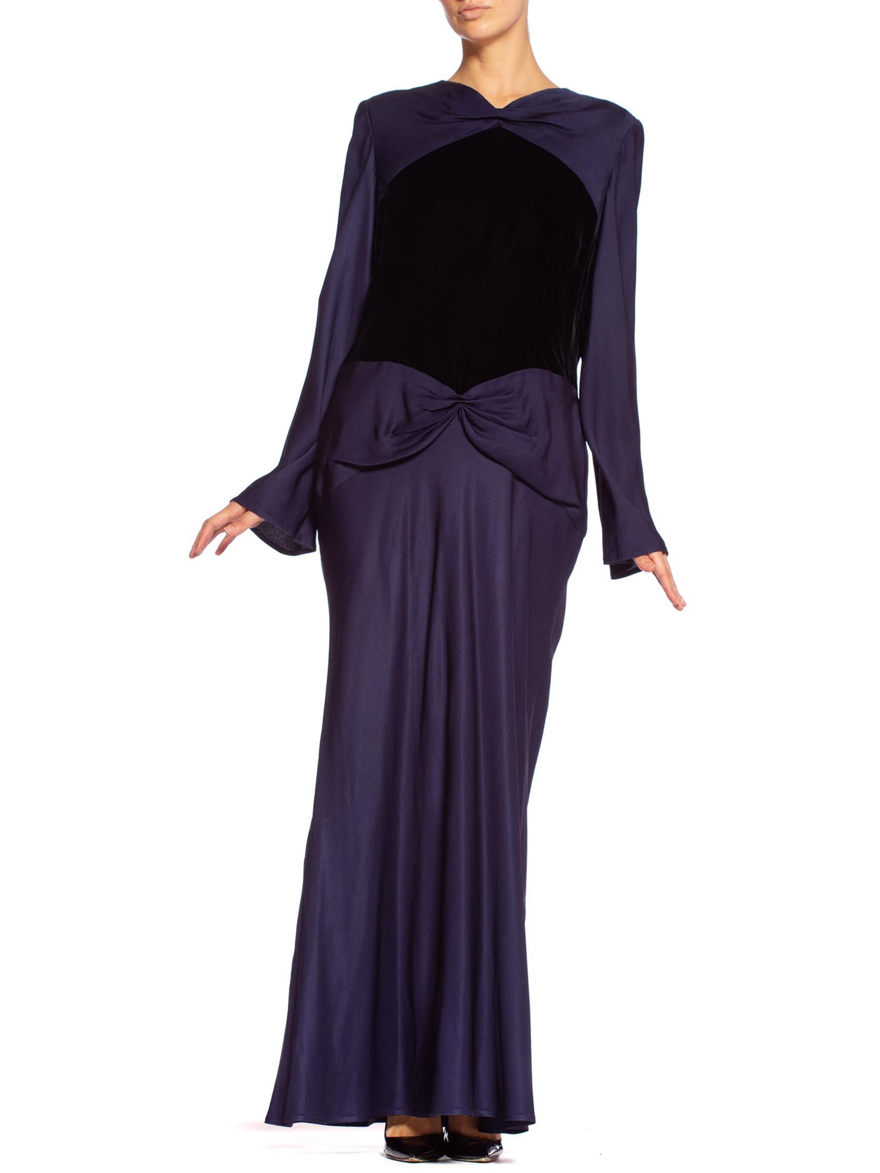 Women's 1980'S BILL BLASS Navy Blue Haute Couture Silk Crepe Back Satin Sleeved Gown Wi