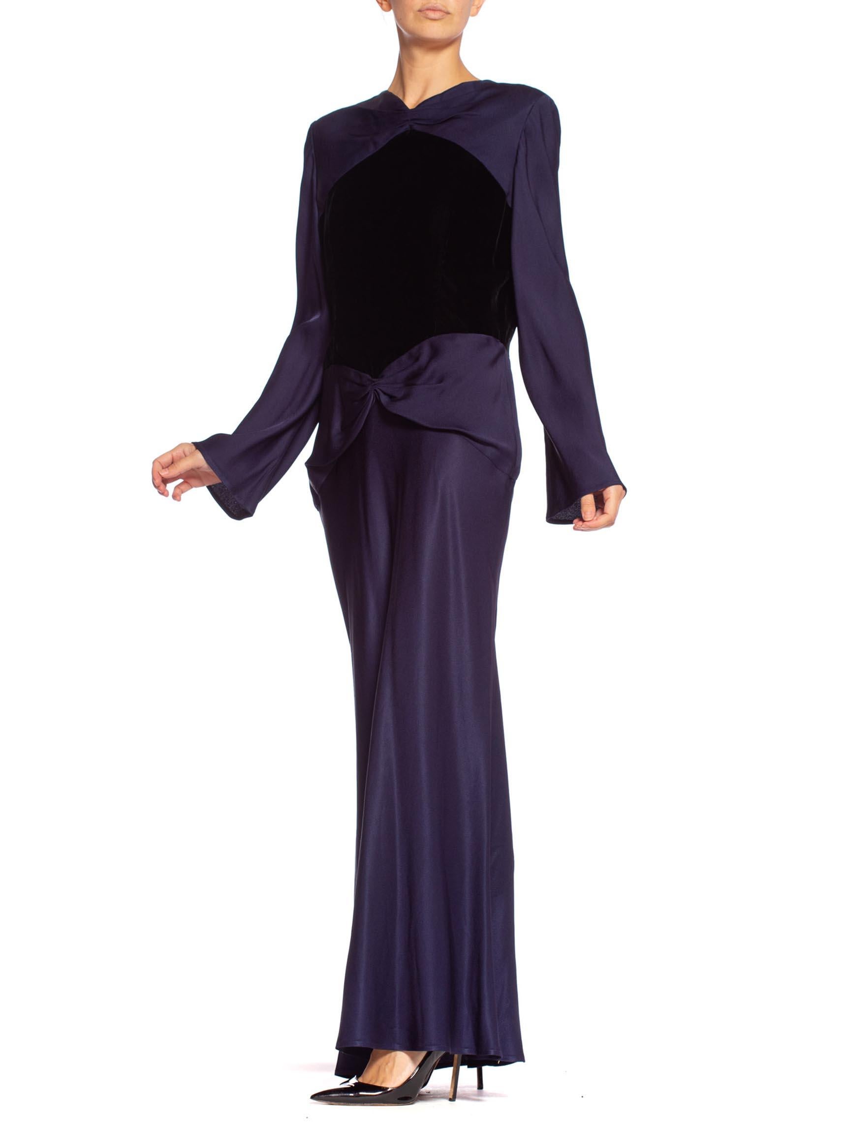 1980'S BILL BLASS Navy Blue Haute Couture Silk Crepe Back Satin Sleeved Gown Wi 1