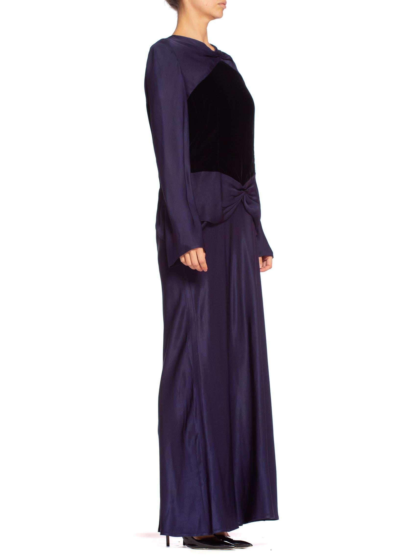 1980'S BILL BLASS Navy Blue Haute Couture Silk Crepe Back Satin Sleeved Gown Wi 2
