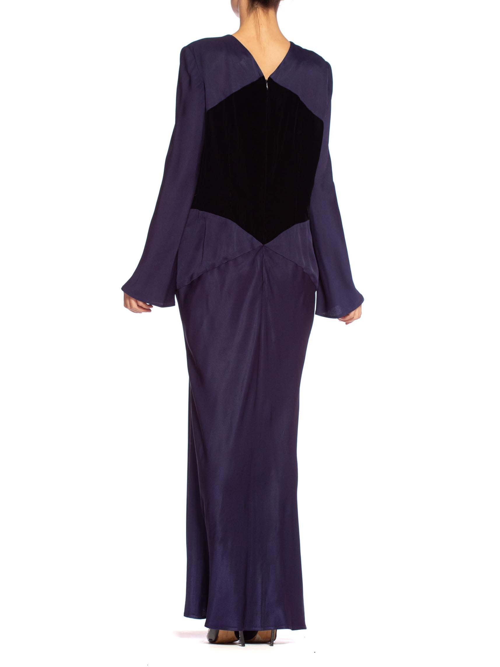 1980'S BILL BLASS Navy Blue Haute Couture Silk Crepe Back Satin Sleeved Gown Wi 3