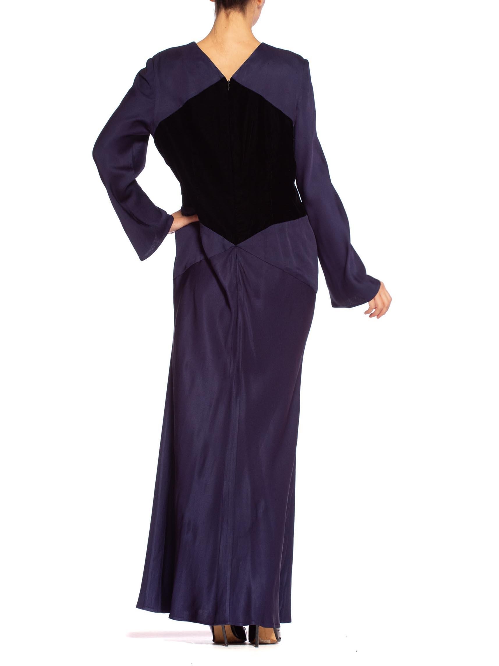 1980'S BILL BLASS Navy Blue Haute Couture Silk Crepe Back Satin Sleeved Gown Wi 4
