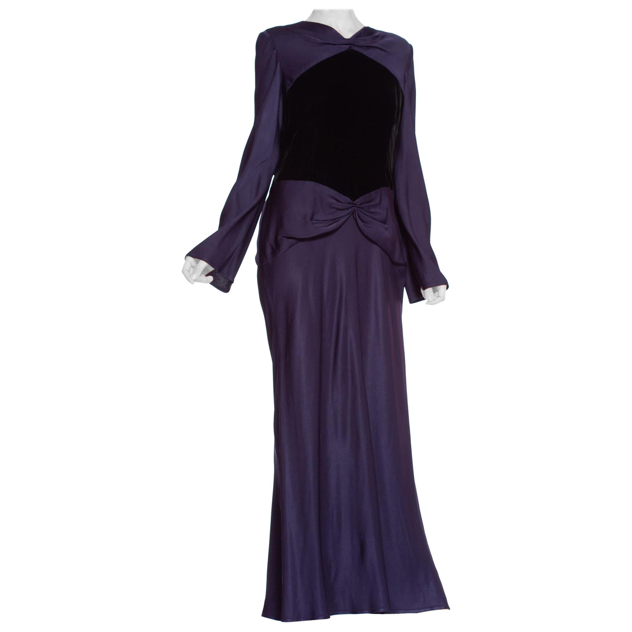1980'S BILL BLASS Navy Blue Haute Couture Silk Crepe Back Satin Sleeved Gown Wi