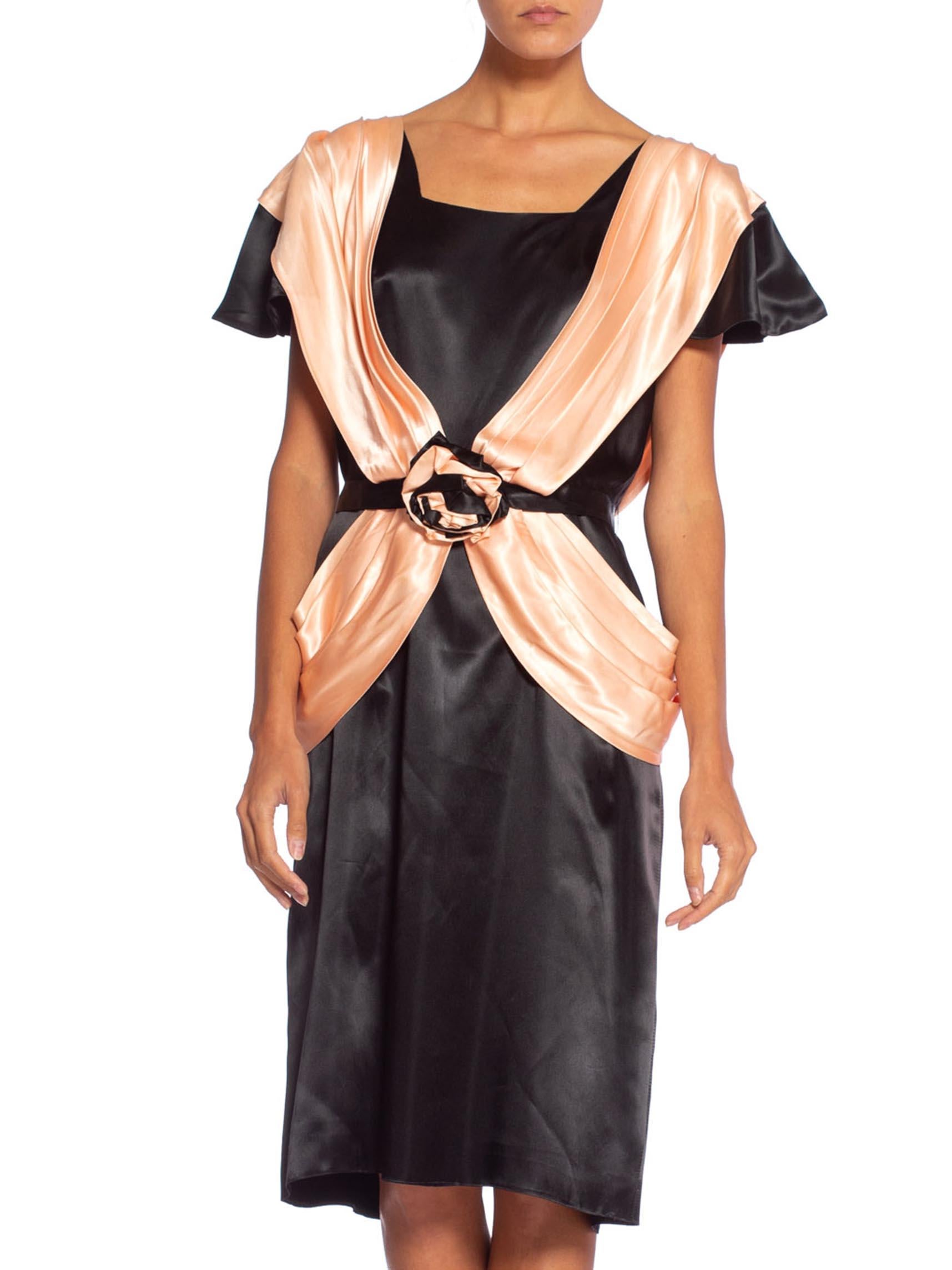 Fully lined in satin 1980'S Black & Peach Acetate Satin Short Sleeve French Cocktail Dress 