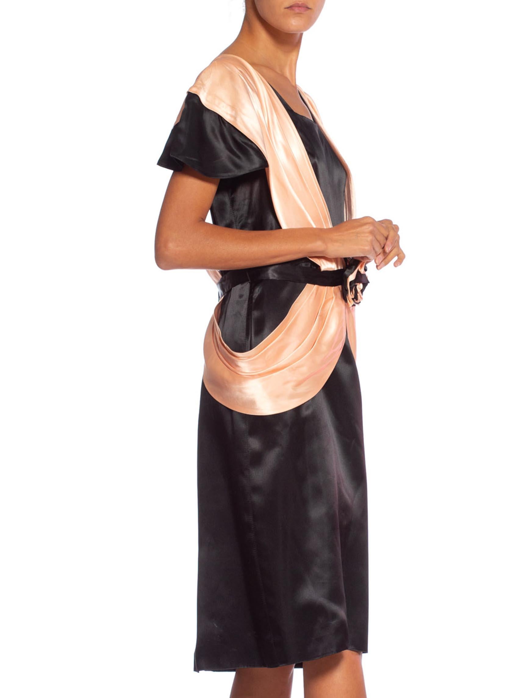 1980'S Black & Peach Acetate Satin Short Sleeve French Cocktail Dress In Excellent Condition For Sale In New York, NY