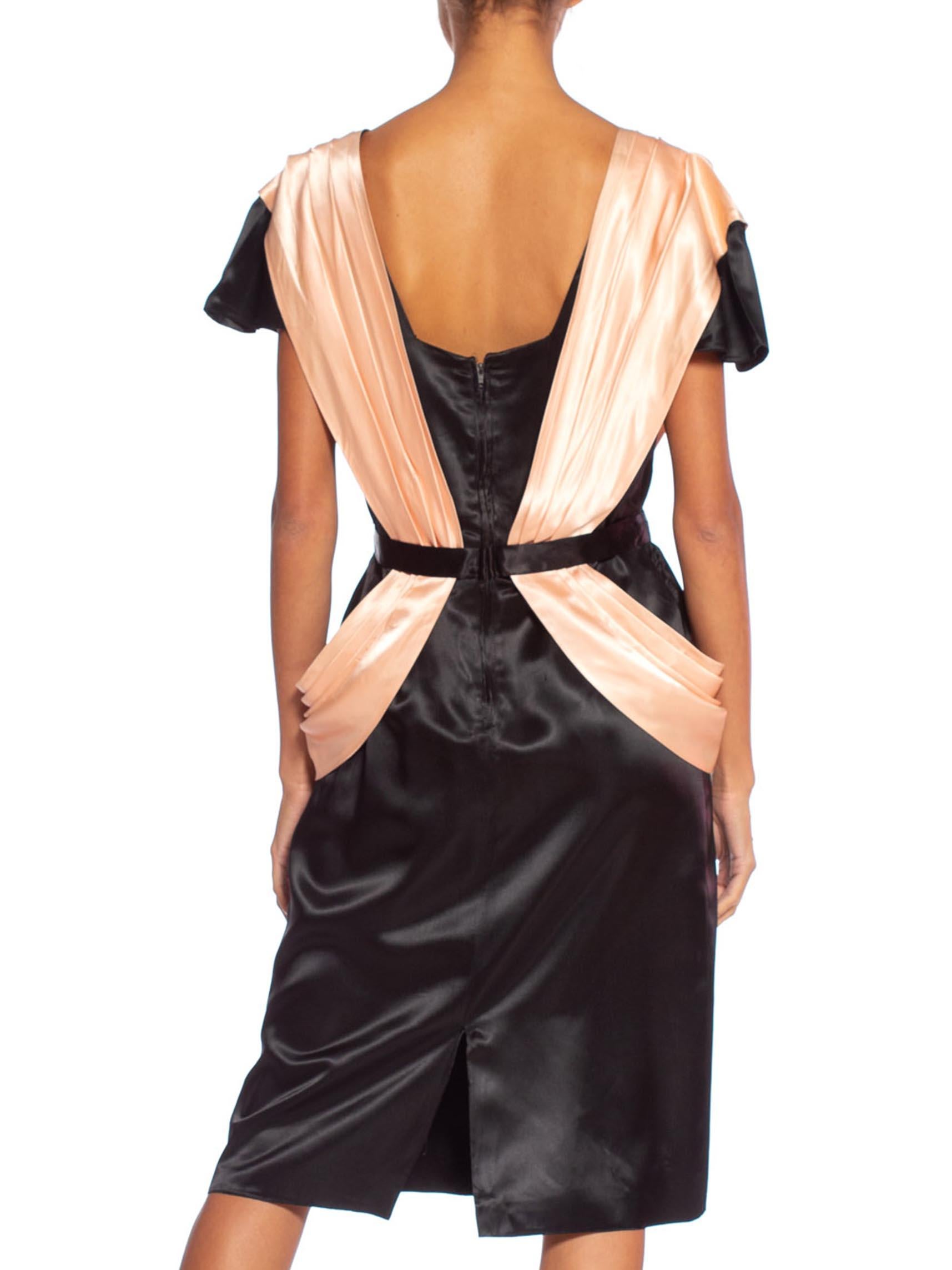 1980'S Black & Peach Acetate Satin Short Sleeve French Cocktail Dress For Sale 1
