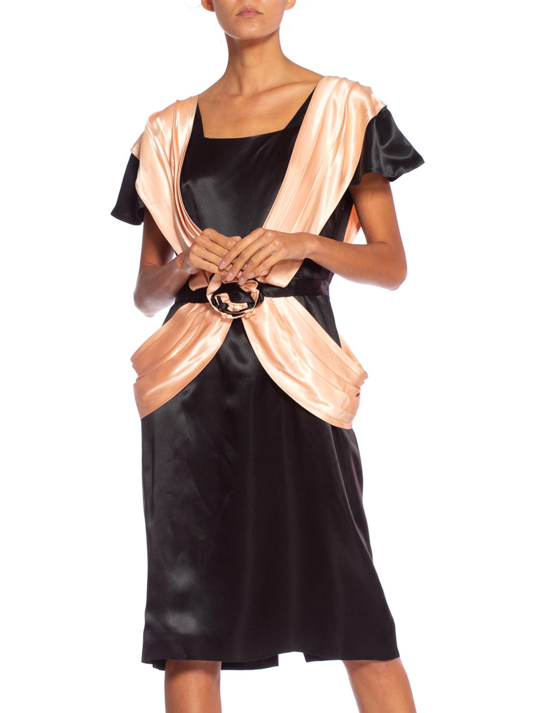 1980'S Black & Peach Acetate Satin Short Sleeve French Cocktail Dress For Sale 2
