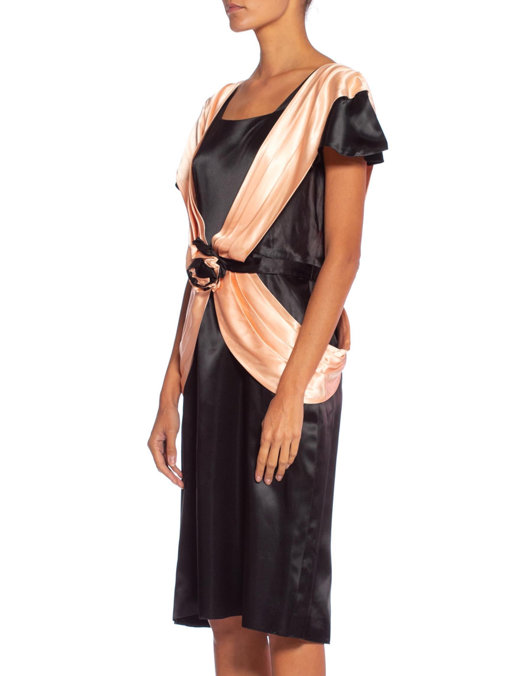 1980'S Black & Peach Acetate Satin Short Sleeve French Cocktail Dress For Sale 3