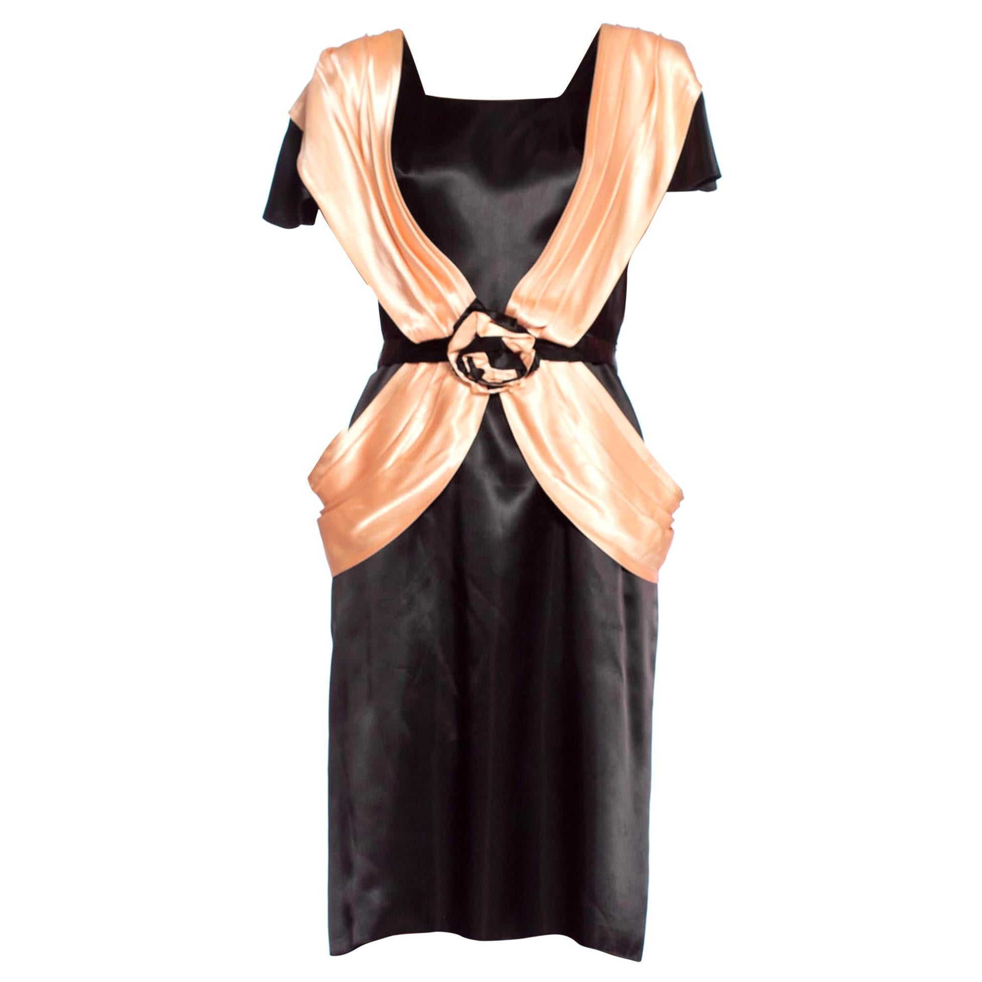1980'S Black & Peach Acetate Satin Short Sleeve French Cocktail Dress For Sale