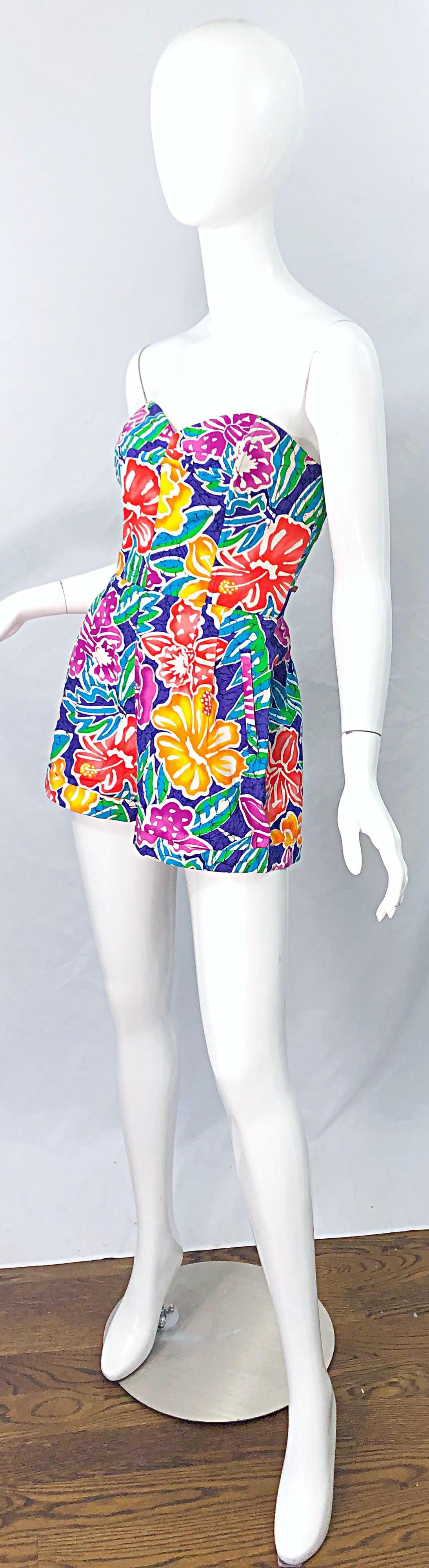 Beige 1980s Does 1950s Hawaiian Flower Print Strapless Cotton Vintage Romper Jumpsuit For Sale