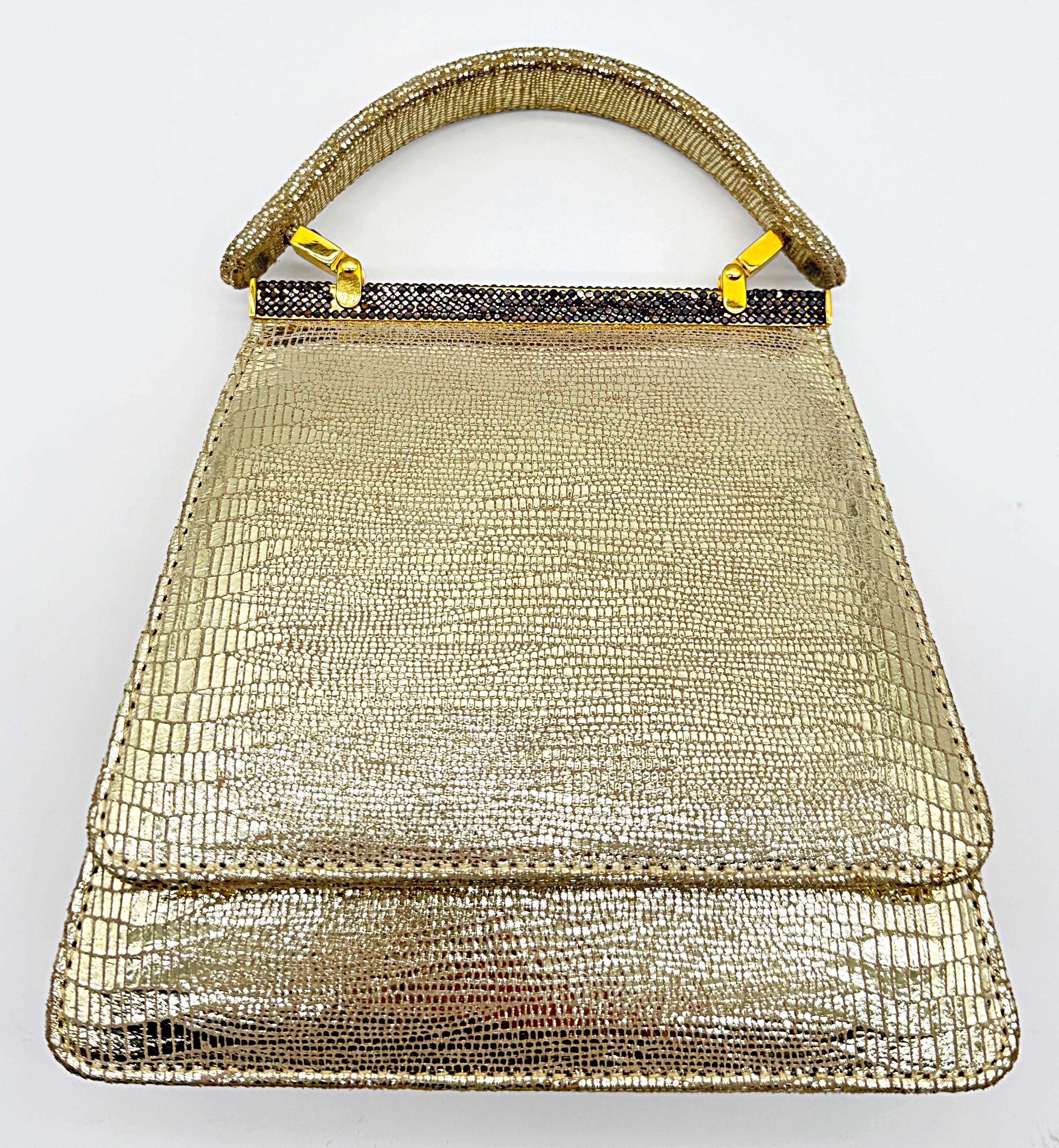 1980s does 1960s Gold Metallic Embossed Lizard Rhinestone Eveinng Handbag Purse For Sale 1