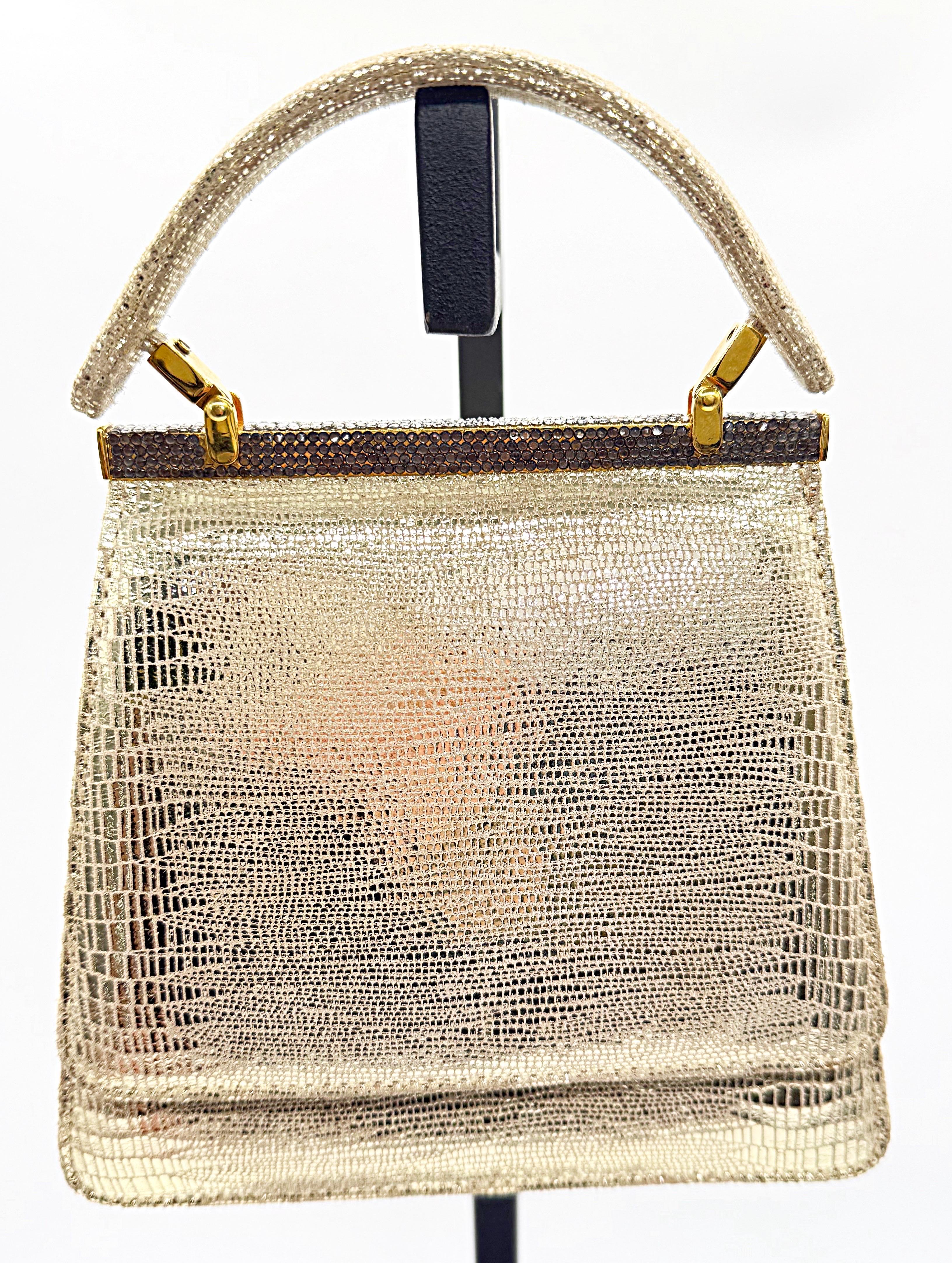 1980s does 1960s Gold Metallic Embossed Lizard Rhinestone Eveinng Handbag Purse For Sale 2
