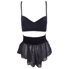 Vintage 1980's Dolce & Gabbana Black Velvet Bra Top & Sheer Black Silk Shorts Set 42 XS