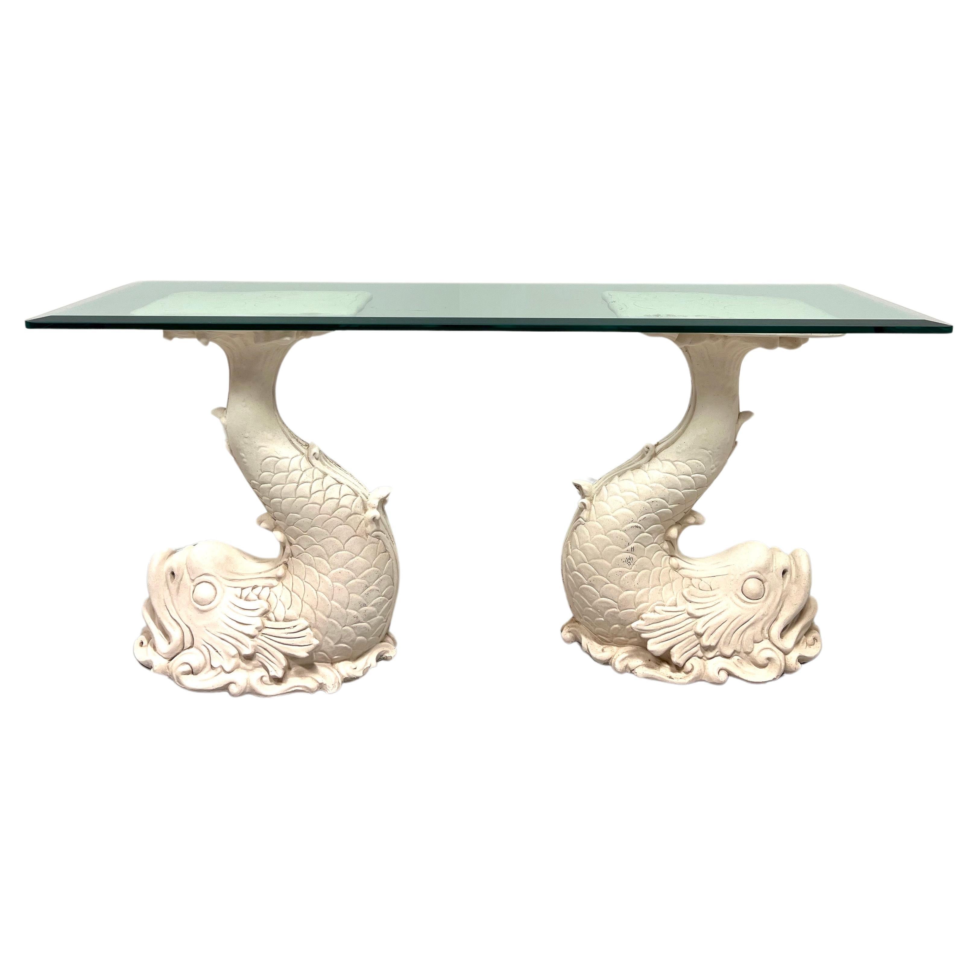 1980's Dolphin Shaped Painted Resin Beveled Glass Top Console Sofa Table en vente