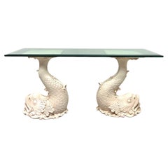 1980's Dolphin Shaped Painted Resin Beveled Glass Top Console Sofa Table