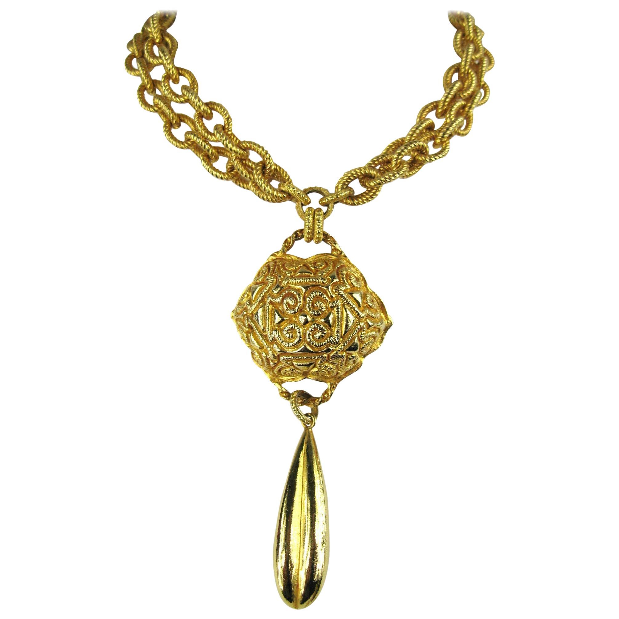 1980s Dominique Aurientis Gold Gilt Drop Necklace New, Never Worn  For Sale