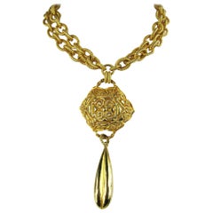 1980s Dominique Aurientis Gold Gilt Drop Necklace New, Never Worn 