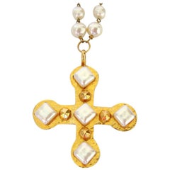 1980s Dominique Aurientis Pearl Studded Maltese Gold Cross Necklace, Never Worn