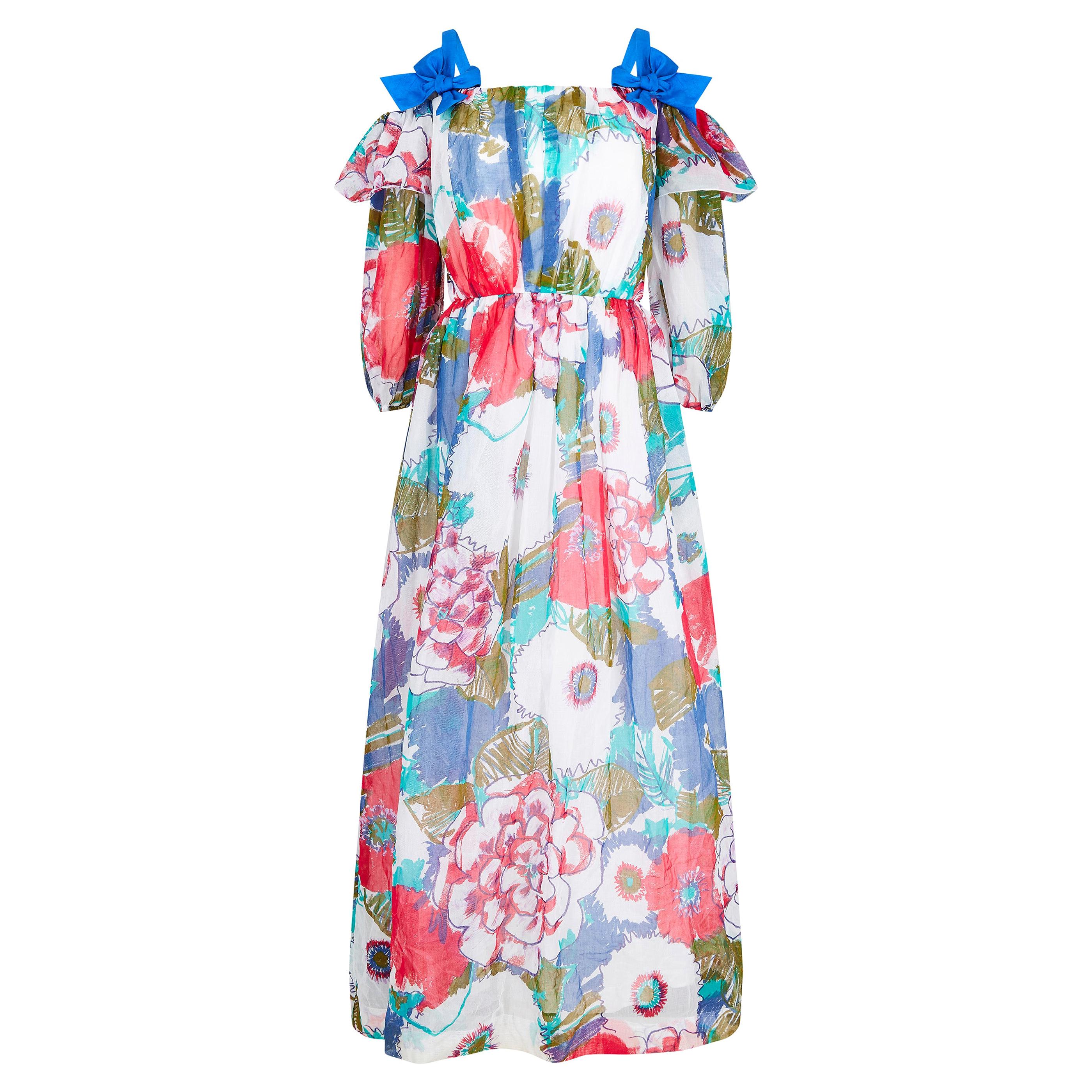 1980s Donald Campbell Printed Floral Cotton Organdy Maxi Dress