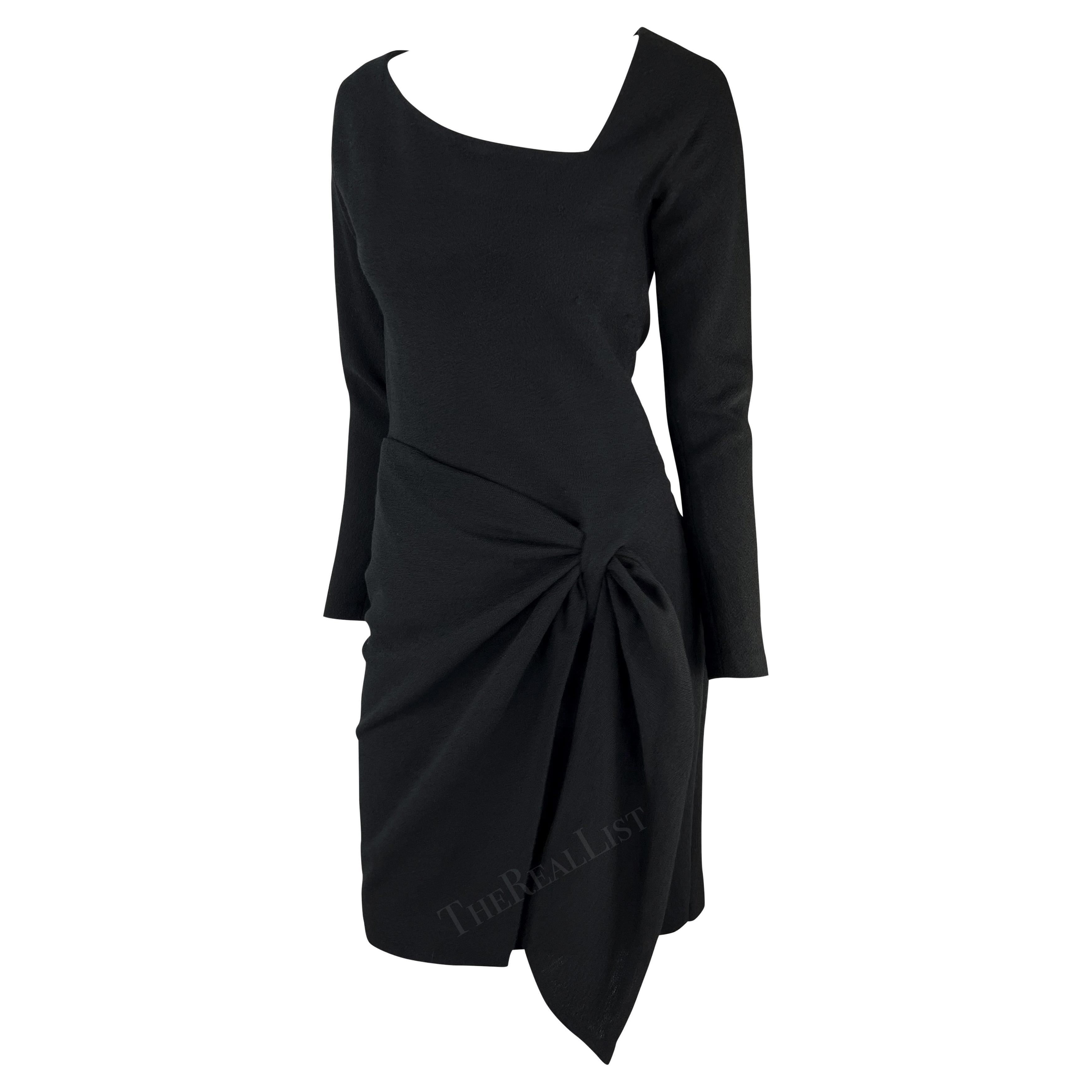 Women's F/W 1990 Donna Karan Runway Asymmetric Black Wrap Wool Jersey Midi Dress For Sale