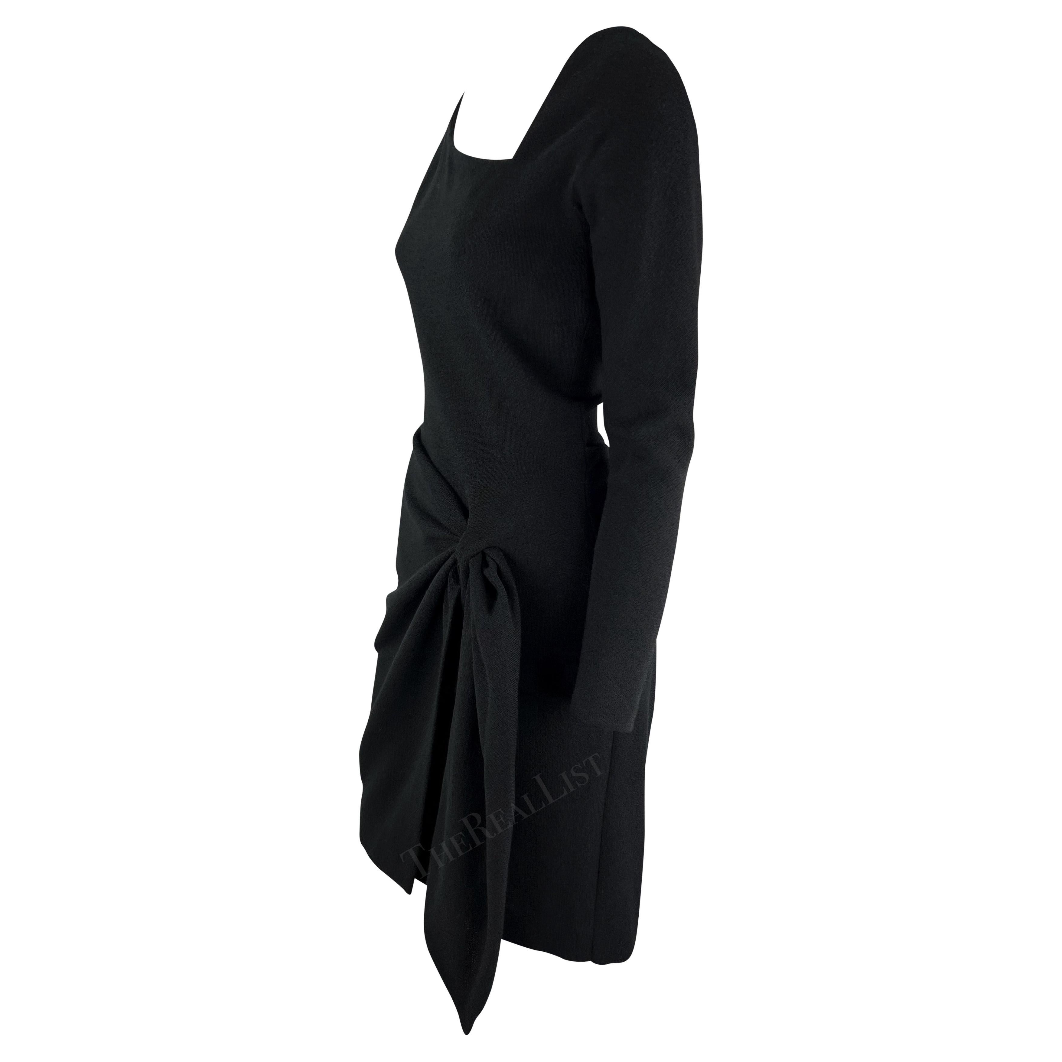 F/W 1990 Donna Karan Runway Asymmetric Black Wrap Wool Jersey Midi Dress For Sale 1
