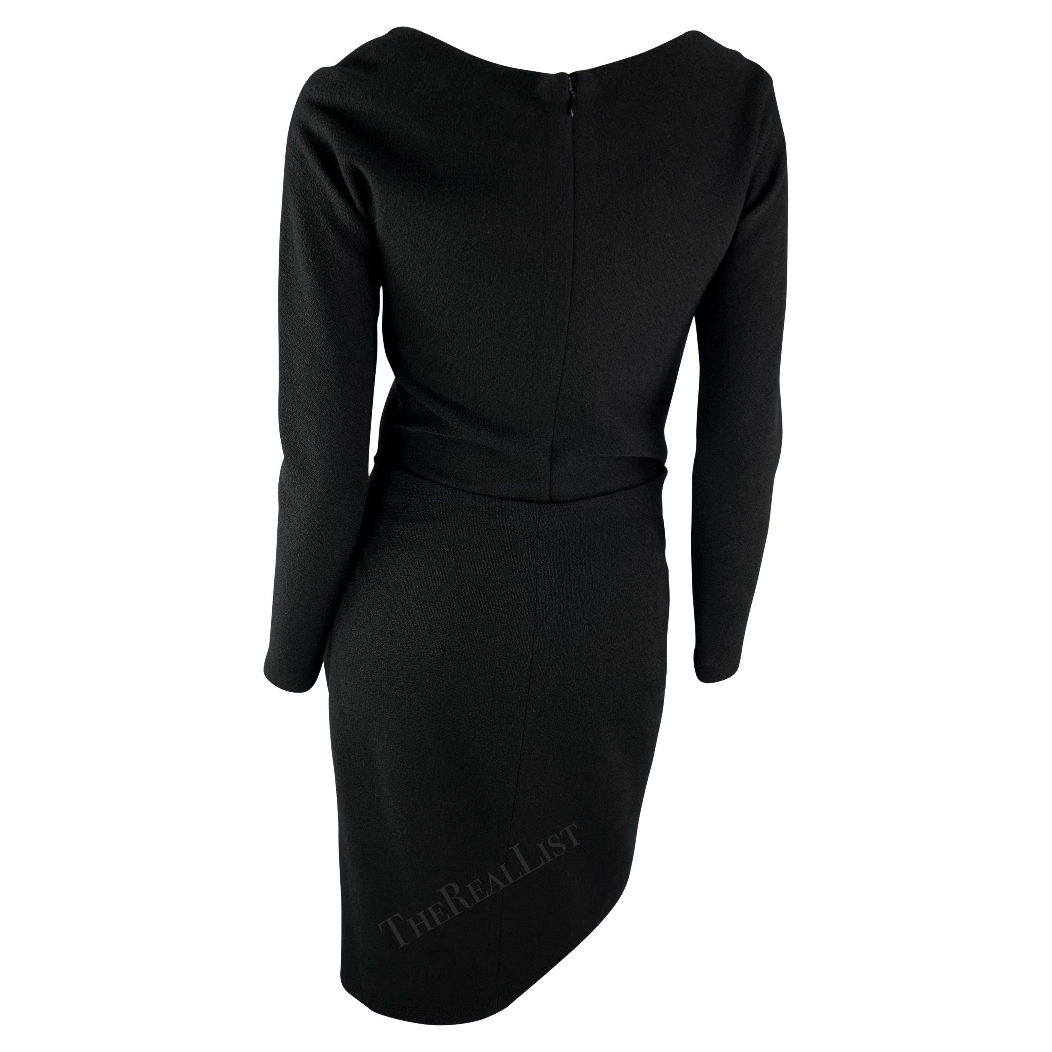 F/W 1990 Donna Karan Runway Asymmetric Black Wrap Wool Jersey Midi Dress For Sale 2