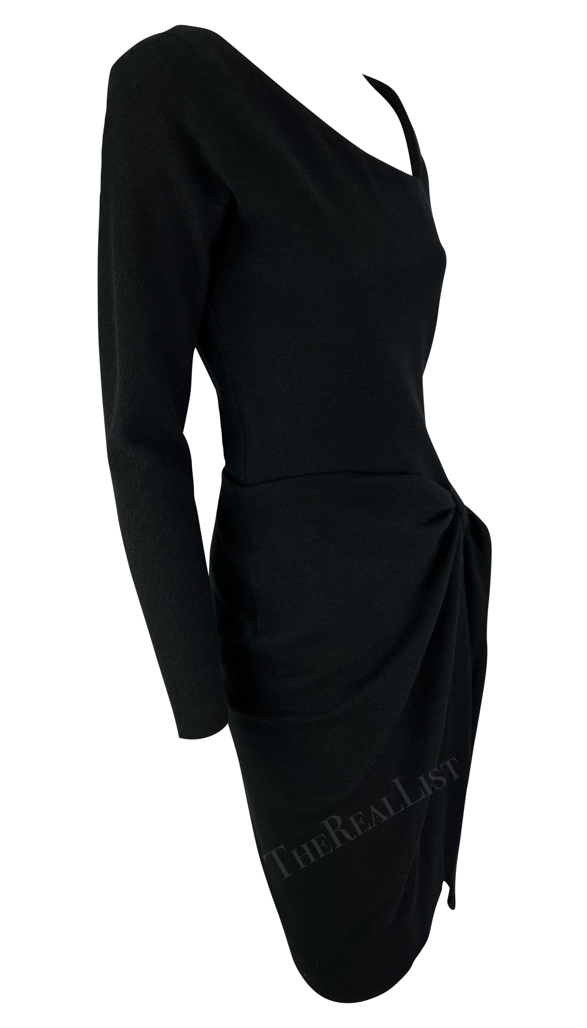 F/W 1990 Donna Karan Runway Asymmetric Black Wrap Wool Jersey Midi Dress For Sale 4