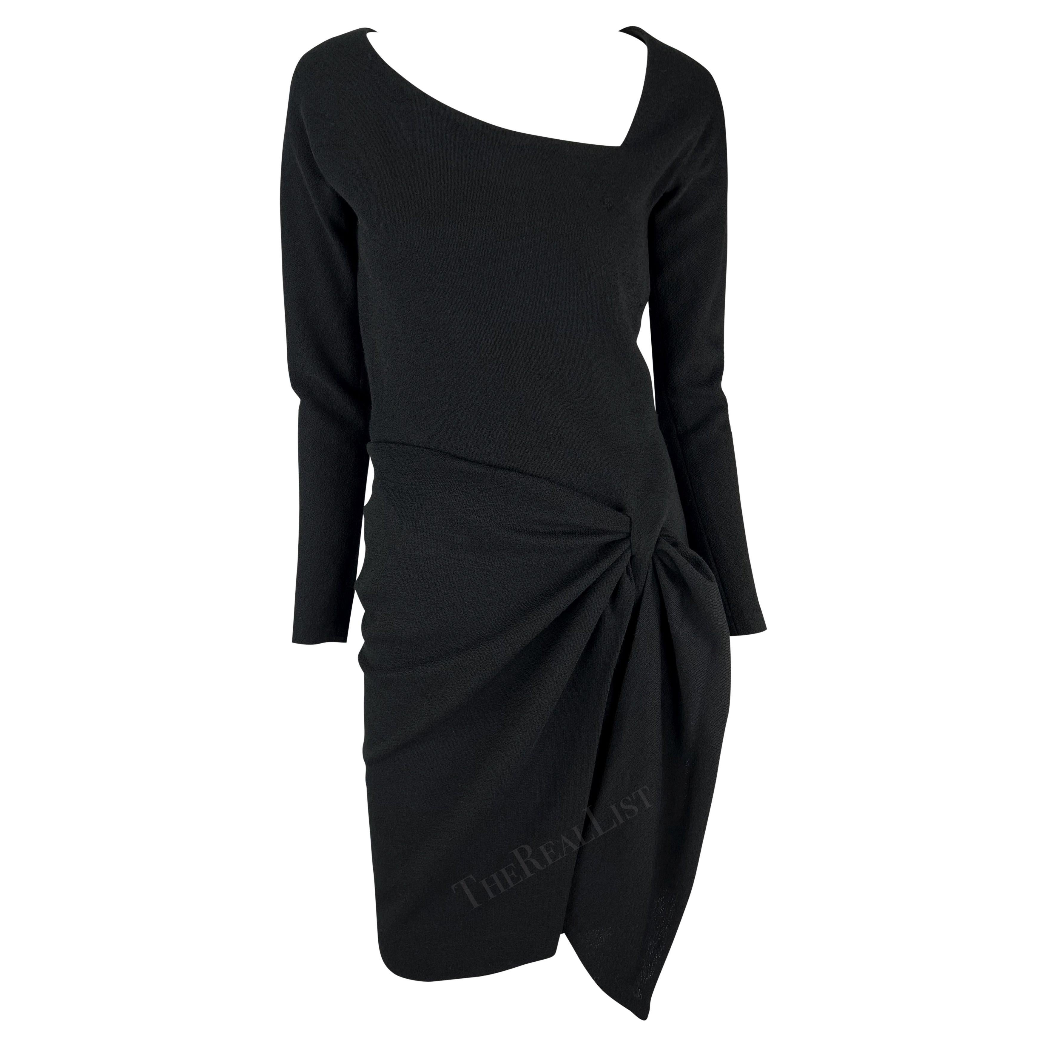 F/W 1990 Donna Karan Runway Asymmetric Black Wrap Wool Jersey Midi Dress For Sale