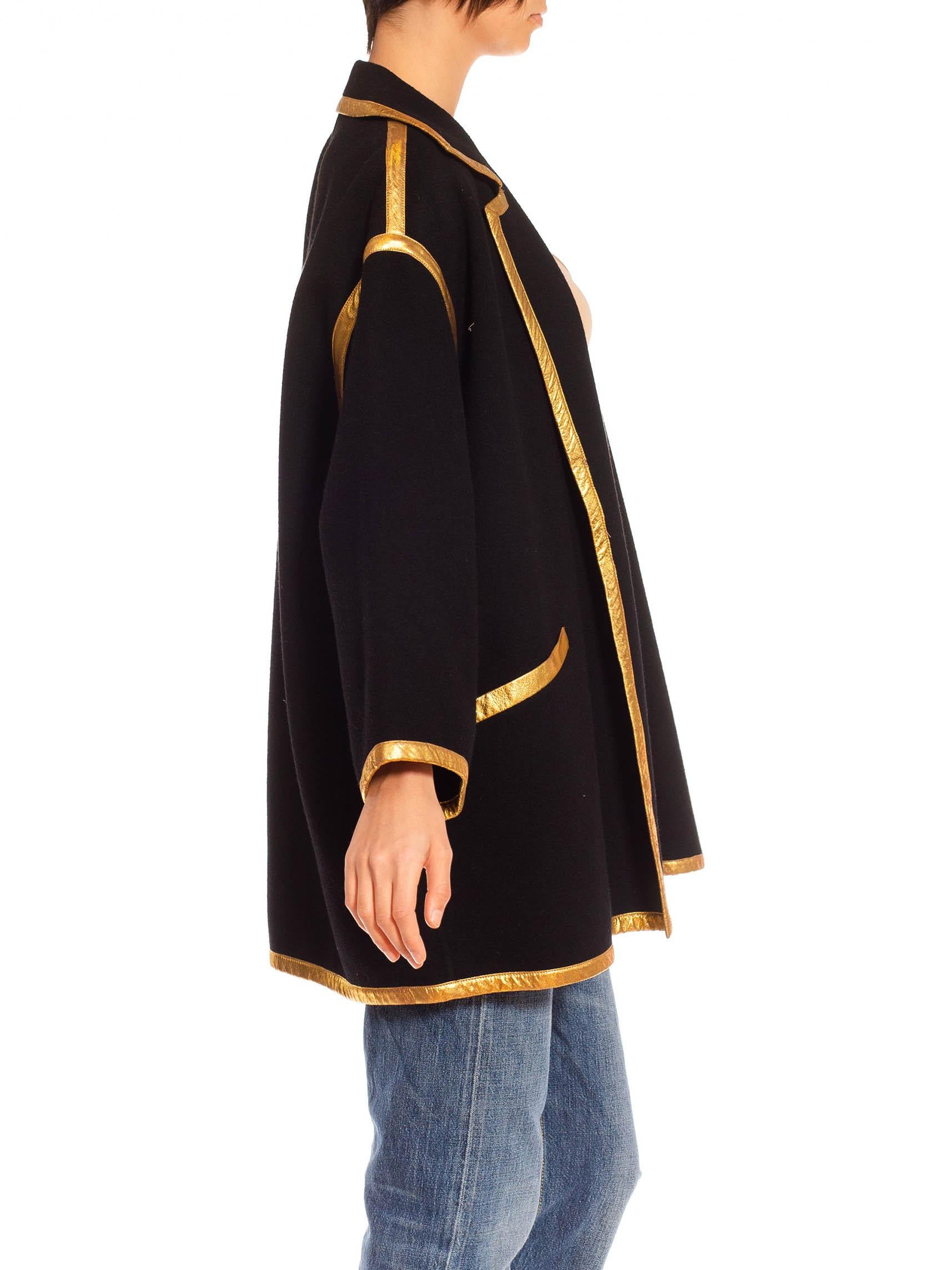 1980S Donna Karan Black Wool Coat With Gold Trimmings In Excellent Condition In New York, NY