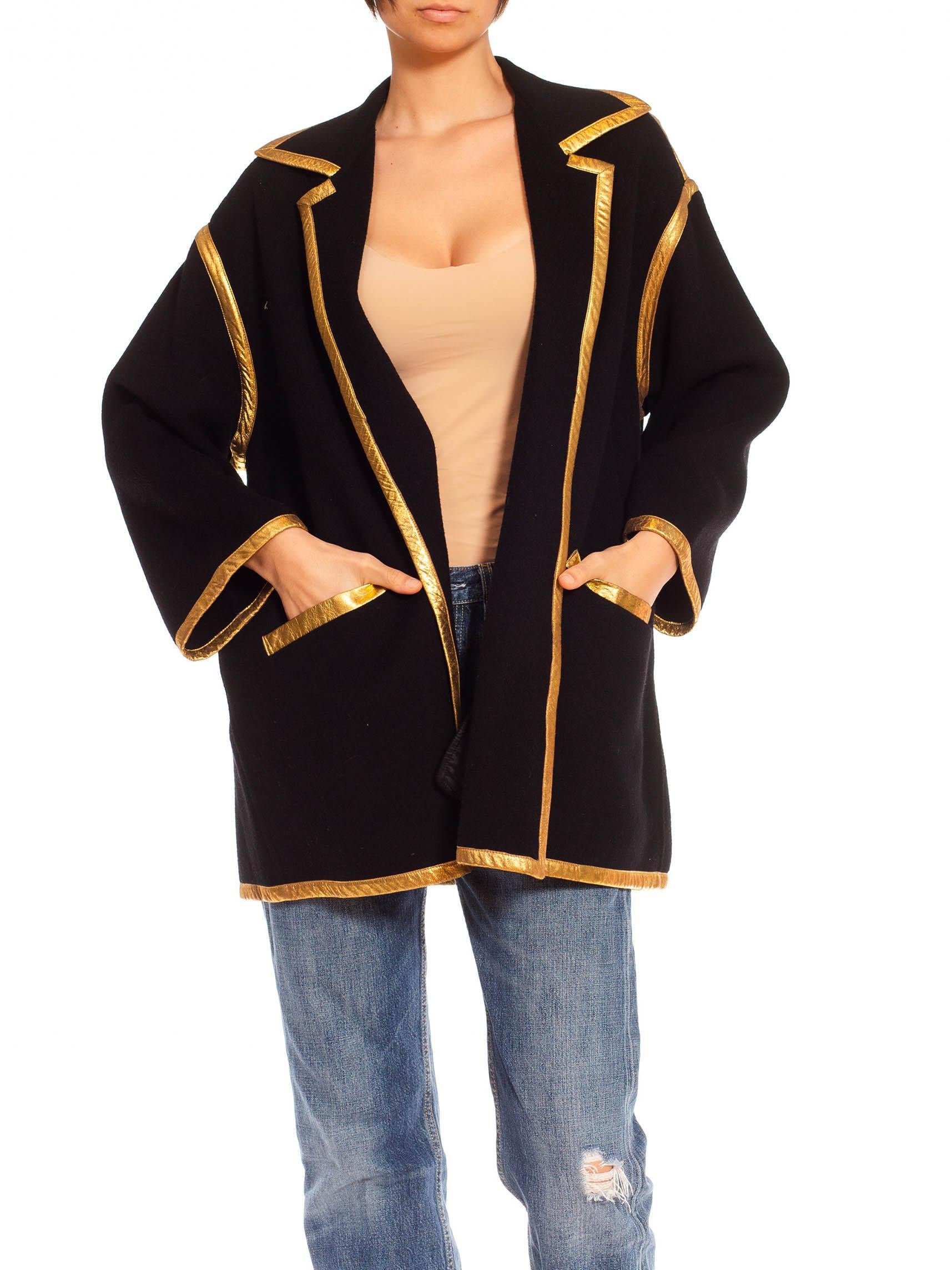 Women's 1980S Donna Karan Black Wool Coat With Gold Trimmings