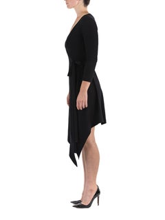 1980S DONNA KARAN Black Wool Knit Belted Wrap Dress