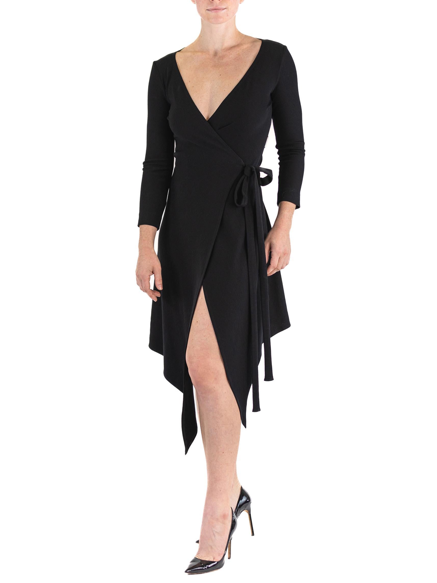 1980S DONNA KARAN Black Wool Knit Belted Wrap Dress For Sale 2