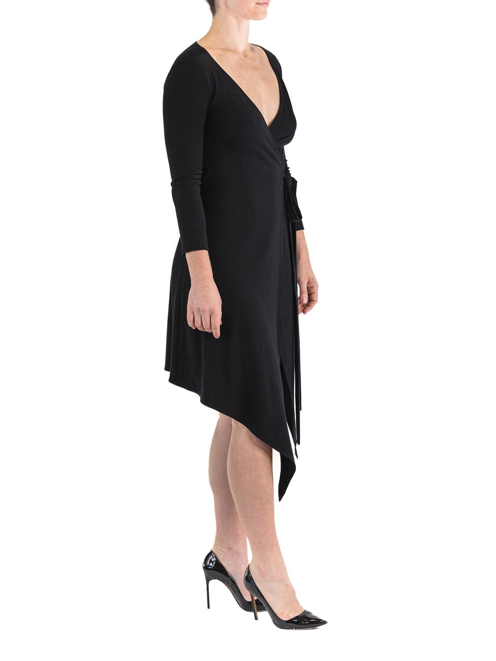 1980S DONNA KARAN Black Wool Knit Belted Wrap Dress For Sale 3