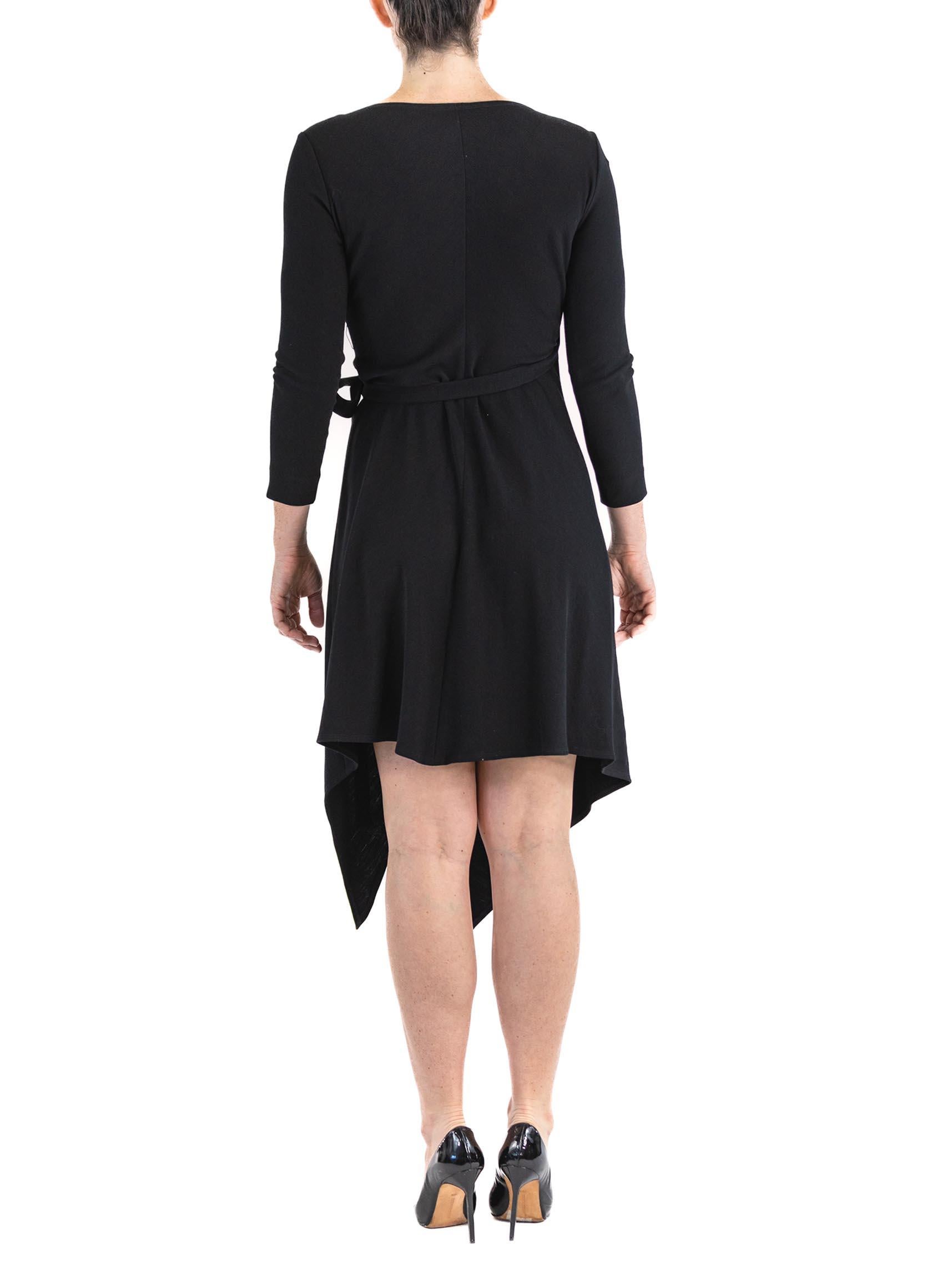 1980S DONNA KARAN Black Wool Knit Belted Wrap Dress For Sale 5