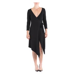 1980er DONNA KARAN Schwarzes Wickelkleid aus Wollstrick mit Gürtel