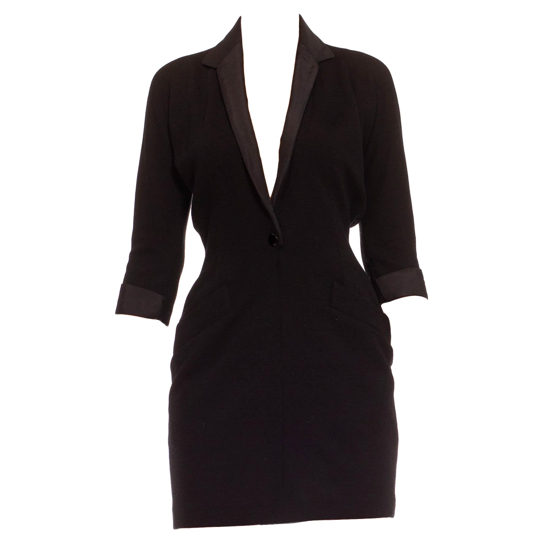 1980S DONNA KARAN Black Wool Knit Shawl Lapel Tuxedo Body-Con Dress
